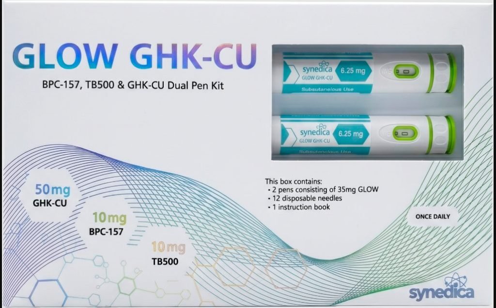 Counterfeit GLOW GHK-CU packaging with two turquoise-labelled pens